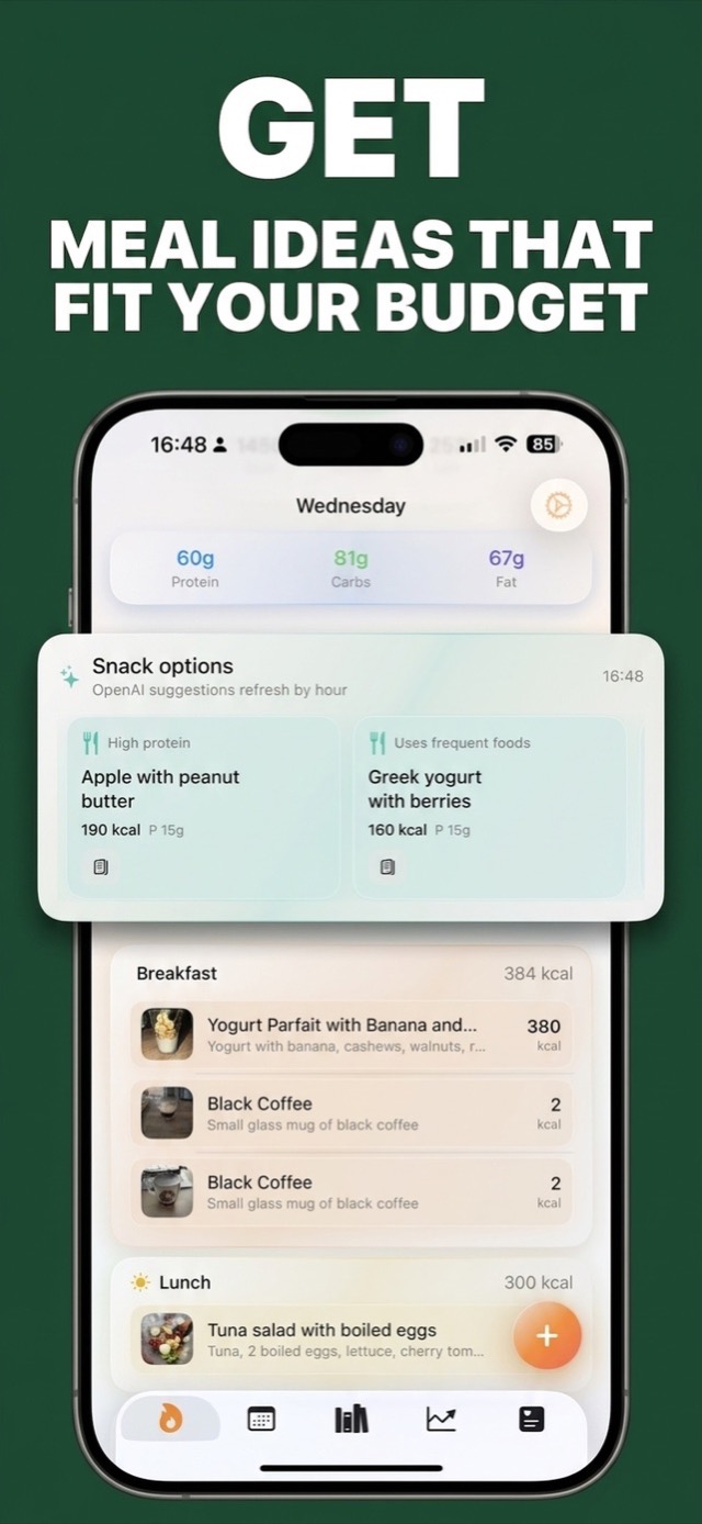 AI meal ideas that fit your remaining calorie budget, like apple with peanut butter at 190 kcal